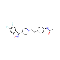 CC(=O)N[C@H]1CC[C@H](CCN2CCC(c3noc4cc(F)c(F)cc34)CC2)CC1 ZINC001772639031