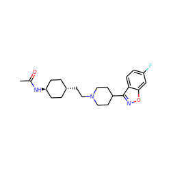 CC(=O)N[C@H]1CC[C@H](CCN2CCC(c3noc4cc(F)ccc34)CC2)CC1 ZINC001772571639