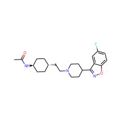 CC(=O)N[C@H]1CC[C@H](CCN2CCC(c3noc4ccc(F)cc34)CC2)CC1 ZINC001772583218