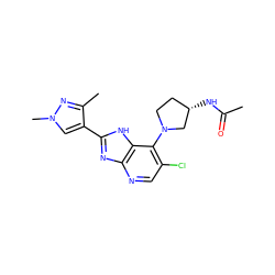 CC(=O)N[C@H]1CCN(c2c(Cl)cnc3nc(-c4cn(C)nc4C)[nH]c23)C1 ZINC000095921384