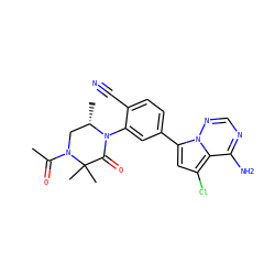 CC(=O)N1C[C@H](C)N(c2cc(-c3cc(Cl)c4c(N)ncnn34)ccc2C#N)C(=O)C1(C)C ZINC001772627381