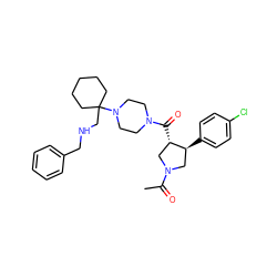 CC(=O)N1C[C@H](c2ccc(Cl)cc2)[C@@H](C(=O)N2CCN(C3(CNCc4ccccc4)CCCCC3)CC2)C1 ZINC000028953913