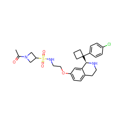 CC(=O)N1CC(S(=O)(=O)NCCOc2ccc3c(c2)[C@@H](C2(c4ccc(Cl)cc4)CCC2)NCC3)C1 ZINC000114978710