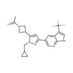 CC(=O)N1CC(c2cc(-c3cnc4[nH]cc(C(F)(F)F)c4c3)nn2CC2CC2)C1 ZINC000148084476