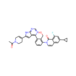 CC(=O)N1CC=C(c2cc3c(-c4cccc(-n5ccc6cc(C7CC7)cc(F)c6c5=O)c4CO)ncnc3[nH]2)CC1 ZINC000299865432