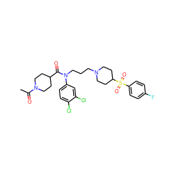 CC(=O)N1CCC(C(=O)N(CCCN2CCC(S(=O)(=O)c3ccc(F)cc3)CC2)c2ccc(Cl)c(Cl)c2)CC1 ZINC000038156573