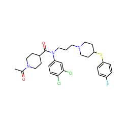 CC(=O)N1CCC(C(=O)N(CCCN2CCC(Sc3ccc(F)cc3)CC2)c2ccc(Cl)c(Cl)c2)CC1 ZINC000038156576