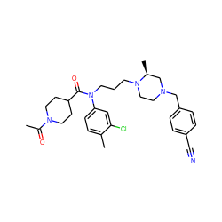 CC(=O)N1CCC(C(=O)N(CCCN2CCN(Cc3ccc(C#N)cc3)C[C@@H]2C)c2ccc(C)c(Cl)c2)CC1 ZINC000299856053