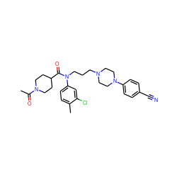 CC(=O)N1CCC(C(=O)N(CCCN2CCN(c3ccc(C#N)cc3)CC2)c2ccc(C)c(Cl)c2)CC1 ZINC000299856059