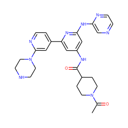 CC(=O)N1CCC(C(=O)Nc2cc(Nc3cnccn3)nc(-c3ccnc(N4CCNCC4)c3)c2)CC1 ZINC000084704964