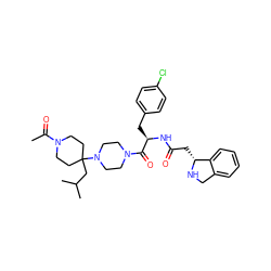 CC(=O)N1CCC(CC(C)C)(N2CCN(C(=O)[C@@H](Cc3ccc(Cl)cc3)NC(=O)C[C@H]3NCc4ccccc43)CC2)CC1 ZINC000036285300