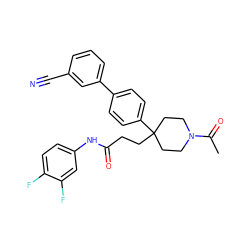 CC(=O)N1CCC(CCC(=O)Nc2ccc(F)c(F)c2)(c2ccc(-c3cccc(C#N)c3)cc2)CC1 ZINC000038157888