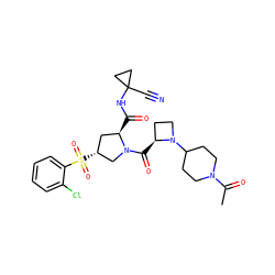 CC(=O)N1CCC(N2CC[C@@H]2C(=O)N2C[C@H](S(=O)(=O)c3ccccc3Cl)C[C@H]2C(=O)NC2(C#N)CC2)CC1 ZINC000169705294