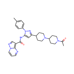 CC(=O)N1CCC(N2CCC(c3cc(NC(=O)c4cnn5cccnc45)n(-c4ccc(C)cc4)n3)CC2)CC1 ZINC000203753396