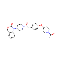 CC(=O)N1CCC(Oc2ccc(CC(=O)N3CCC(N4C(=O)OCc5ccccc54)CC3)cc2)CC1 ZINC000028759105