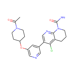 CC(=O)N1CCC(Oc2cncc(-c3cnc4c(c3Cl)CCCN4C(N)=O)c2)CC1 ZINC001772590018