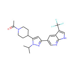 CC(=O)N1CCC(c2cc(-c3cnc4[nH]cc(C(F)(F)F)c4c3)nn2C(C)C)CC1 ZINC000146438077