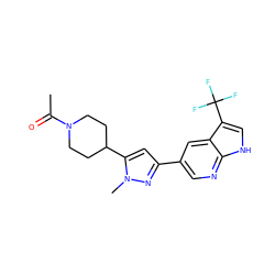 CC(=O)N1CCC(c2cc(-c3cnc4[nH]cc(C(F)(F)F)c4c3)nn2C)CC1 ZINC000146410209