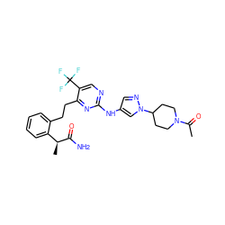 CC(=O)N1CCC(n2cc(Nc3ncc(C(F)(F)F)c(CCc4ccccc4[C@H](C)C(N)=O)n3)cn2)CC1 ZINC000211040490