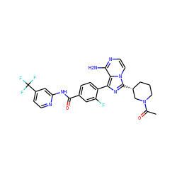 CC(=O)N1CCC[C@@H](c2nc(-c3ccc(C(=O)Nc4cc(C(F)(F)F)ccn4)cc3F)c3c(N)nccn23)C1 ZINC000208765657