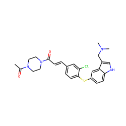 CC(=O)N1CCN(C(=O)/C=C/c2ccc(Sc3ccc4[nH]cc(CN(C)C)c4c3)c(Cl)c2)CC1 ZINC000013862556