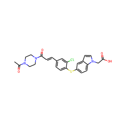 CC(=O)N1CCN(C(=O)/C=C/c2ccc(Sc3ccc4c(ccn4CC(=O)O)c3)c(Cl)c2)CC1 ZINC000013862558