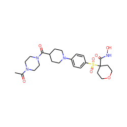 CC(=O)N1CCN(C(=O)C2CCN(c3ccc(S(=O)(=O)C4(C(=O)NO)CCOCC4)cc3)CC2)CC1 ZINC000049037330