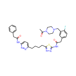 CC(=O)N1CCN(Cc2cc(CC(=O)Nc3nnc(CCCCc4ccc(NC(=O)Cc5ccccc5)nn4)s3)ccc2F)CC1 ZINC000169698442