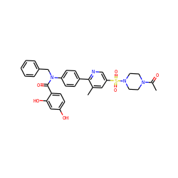 CC(=O)N1CCN(S(=O)(=O)c2cnc(-c3ccc(N(Cc4ccccc4)C(=O)c4ccc(O)cc4O)cc3)c(C)c2)CC1 ZINC000653758375