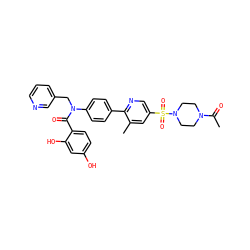 CC(=O)N1CCN(S(=O)(=O)c2cnc(-c3ccc(N(Cc4cccnc4)C(=O)c4ccc(O)cc4O)cc3)c(C)c2)CC1 ZINC000653764998