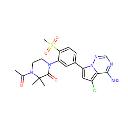 CC(=O)N1CCN(c2cc(-c3cc(Cl)c4c(N)ncnn34)ccc2S(C)(=O)=O)C(=O)C1(C)C ZINC001772583429