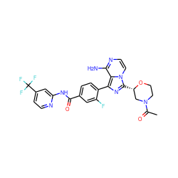 CC(=O)N1CCO[C@@H](c2nc(-c3ccc(C(=O)Nc4cc(C(F)(F)F)ccn4)cc3F)c3c(N)nccn23)C1 ZINC001772644866