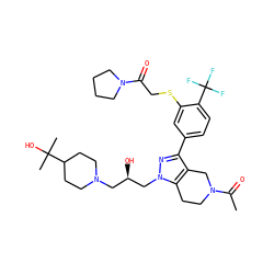 CC(=O)N1CCc2c(c(-c3ccc(C(F)(F)F)c(SCC(=O)N4CCCC4)c3)nn2C[C@H](O)CN2CCC(C(C)(C)O)CC2)C1 ZINC000049793862