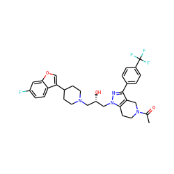 CC(=O)N1CCc2c(c(-c3ccc(C(F)(F)F)cc3)nn2C[C@@H](O)CN2CCC(c3coc4cc(F)ccc34)CC2)C1 ZINC000028824374