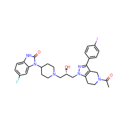 CC(=O)N1CCc2c(c(-c3ccc(I)cc3)nn2C[C@@H](O)CN2CCC(n3c(=O)[nH]c4ccc(F)cc43)CC2)C1 ZINC000028345367