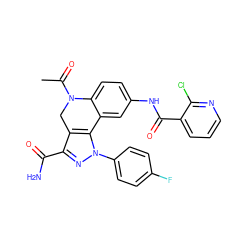 CC(=O)N1Cc2c(C(N)=O)nn(-c3ccc(F)cc3)c2-c2cc(NC(=O)c3cccnc3Cl)ccc21 ZINC000034365254