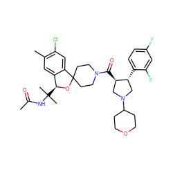 CC(=O)NC(C)(C)[C@@H]1OC2(CCN(C(=O)[C@@H]3CN(C4CCOCC4)C[C@H]3c3ccc(F)cc3F)CC2)c2cc(Cl)c(C)cc21 ZINC000058591695
