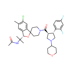 CC(=O)NC(C)(C)[C@H]1OC2(CCN(C(=O)[C@@H]3CN(C4CCOCC4)C[C@H]3c3ccc(F)cc3F)CC2)c2cc(Cl)c(C)cc21 ZINC000058580866
