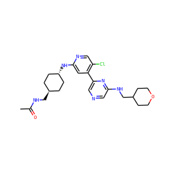 CC(=O)NC[C@H]1CC[C@H](Nc2cc(-c3cncc(NCC4CCOCC4)n3)c(Cl)cn2)CC1 ZINC000261125669