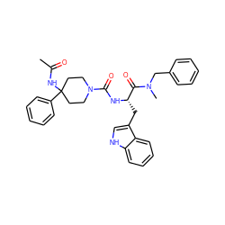 CC(=O)NC1(c2ccccc2)CCN(C(=O)N[C@@H](Cc2c[nH]c3ccccc23)C(=O)N(C)Cc2ccccc2)CC1 ZINC000026376756