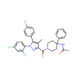 CC(=O)NC1(c2ccccc2)CCN(C(=O)c2nn(-c3ccc(Cl)cc3Cl)c(-c3ccc(Cl)cc3)c2C)CC1 ZINC000084670521