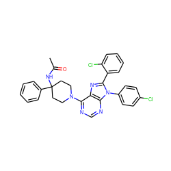 CC(=O)NC1(c2ccccc2)CCN(c2ncnc3c2nc(-c2ccccc2Cl)n3-c2ccc(Cl)cc2)CC1 ZINC000220137447