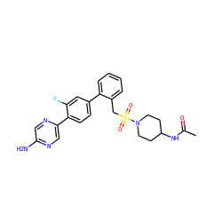 CC(=O)NC1CCN(S(=O)(=O)Cc2ccccc2-c2ccc(-c3cnc(N)cn3)c(F)c2)CC1 ZINC000224717840
