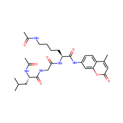 CC(=O)NCCCC[C@H](NC(=O)CNC(=O)[C@H](CC(C)C)NC(C)=O)C(=O)Nc1ccc2c(C)cc(=O)oc2c1 ZINC000049877706