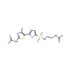 CC(=O)NCCNS(=O)(=O)c1ccc(-c2sc(NC(C)=O)nc2C)o1 ZINC000095565910