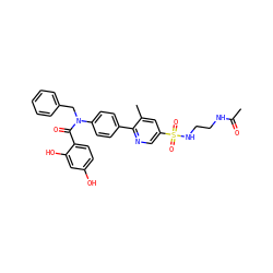 CC(=O)NCCNS(=O)(=O)c1cnc(-c2ccc(N(Cc3ccccc3)C(=O)c3ccc(O)cc3O)cc2)c(C)c1 ZINC000653758382