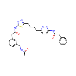 CC(=O)NCc1cccc(CC(=O)Nc2nnc(CCCCc3ccc(NC(=O)Cc4ccccc4)nn3)s2)c1 ZINC000169698333