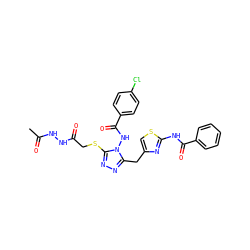 CC(=O)NNC(=O)CSc1nnc(Cc2csc(NC(=O)c3ccccc3)n2)n1NC(=O)c1ccc(Cl)cc1 ZINC000028815650