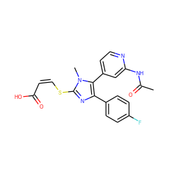 CC(=O)Nc1cc(-c2c(-c3ccc(F)cc3)nc(S/C=C\C(=O)O)n2C)ccn1 ZINC000299856812