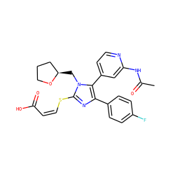 CC(=O)Nc1cc(-c2c(-c3ccc(F)cc3)nc(S/C=C\C(=O)O)n2C[C@@H]2CCCO2)ccn1 ZINC000299864753